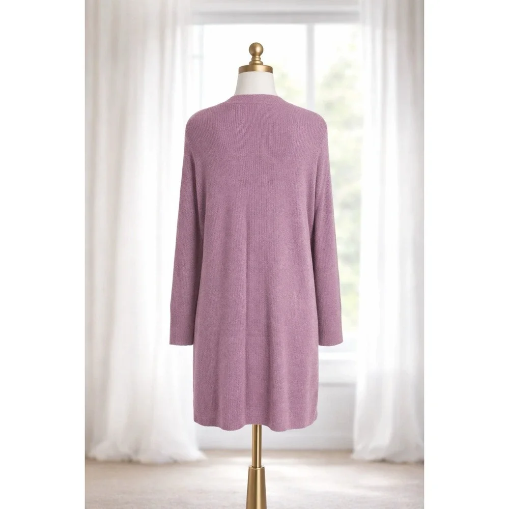 New LOGO Lori Goldstein Long Cardigan Sweater‎ Ribbed Knit Tie Front Pink Large